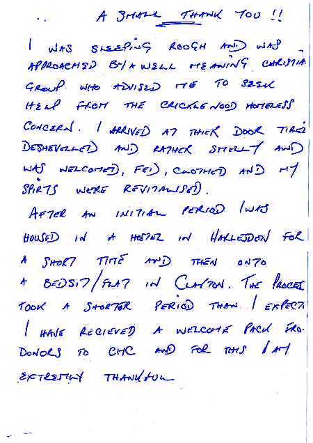 Letter from a rough sleeper who has been rehoused